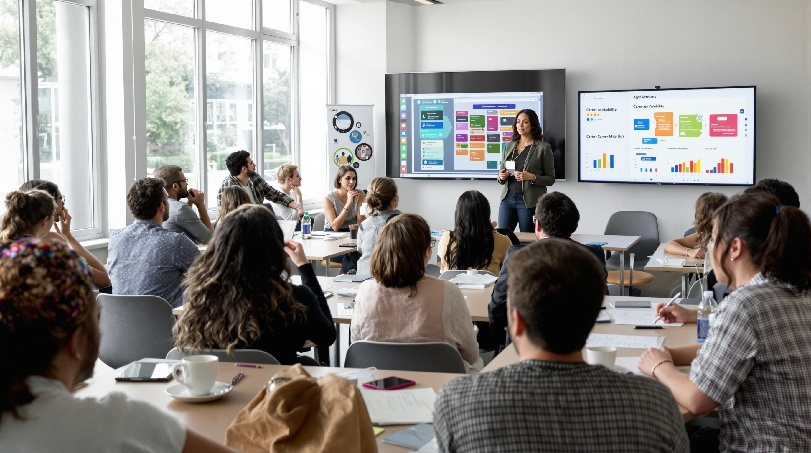 Atelier de reconversion interne à l’Université de Lyon avec une salle de formation dynamique et des badges