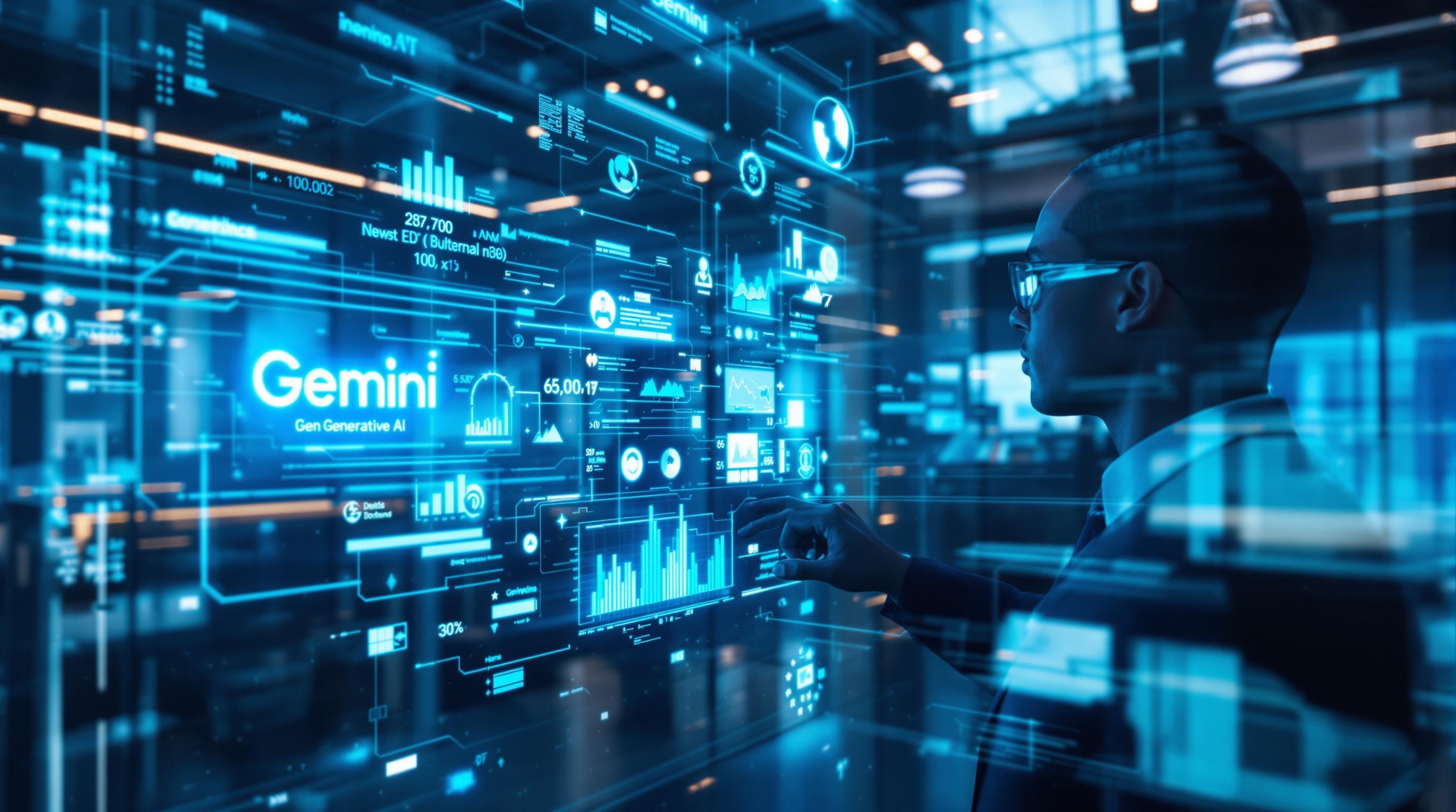 Scène de bureau futuriste : marketeur interagissant avec une interface IA générative Gemini sur écran lumineux, flux de données et graphiques en temps réel flottant.