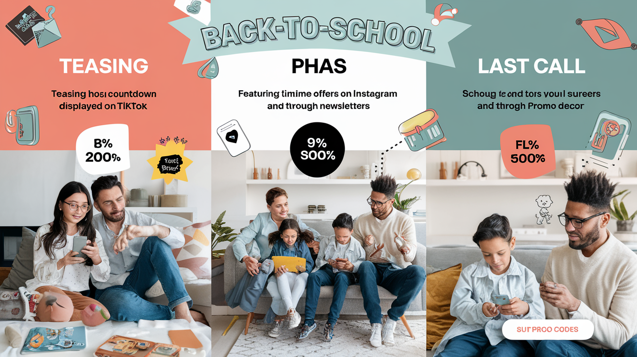 Calendrier visuel Back-to-School : teasing, pic et last call avec familles connectées.
