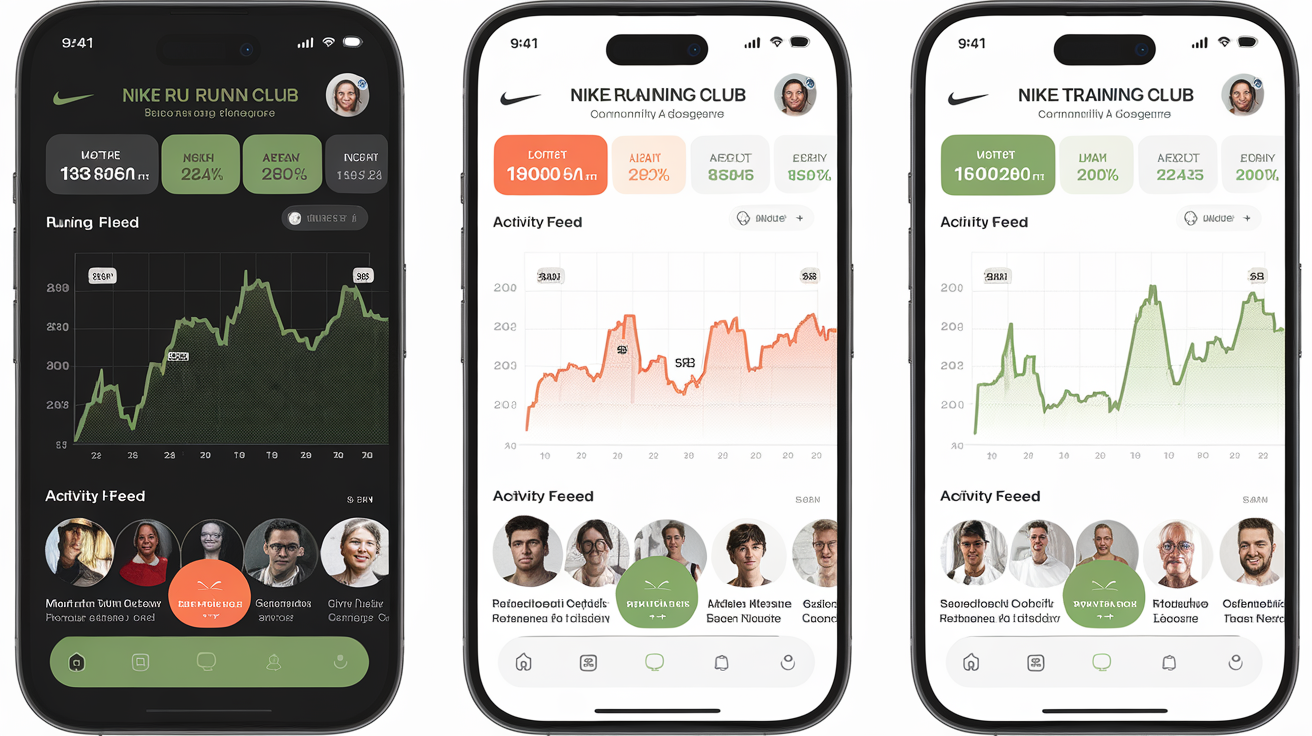 Interface application Nike, partage de course, fil communautaire, couleurs Nike.
