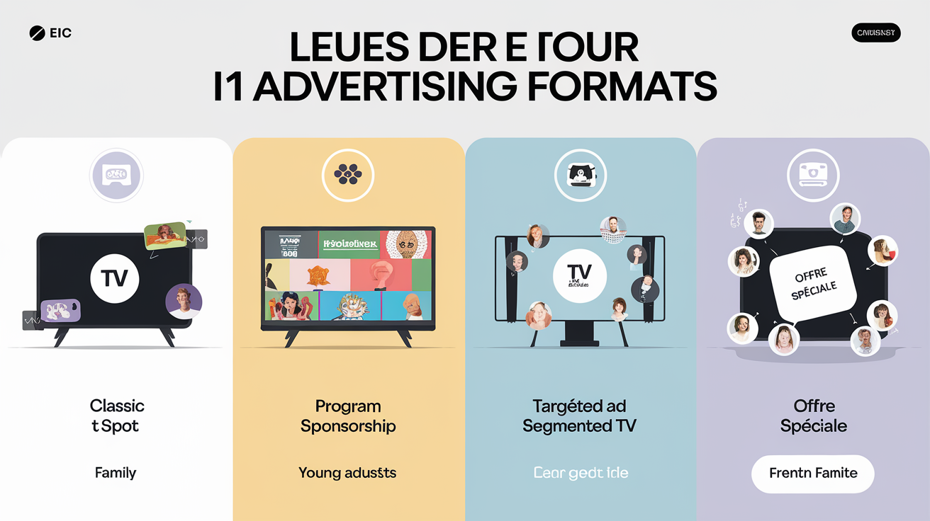 Comparatif des formats publicitaires TV : spot classique, sponsoring, publicité segmentée et formats courts.