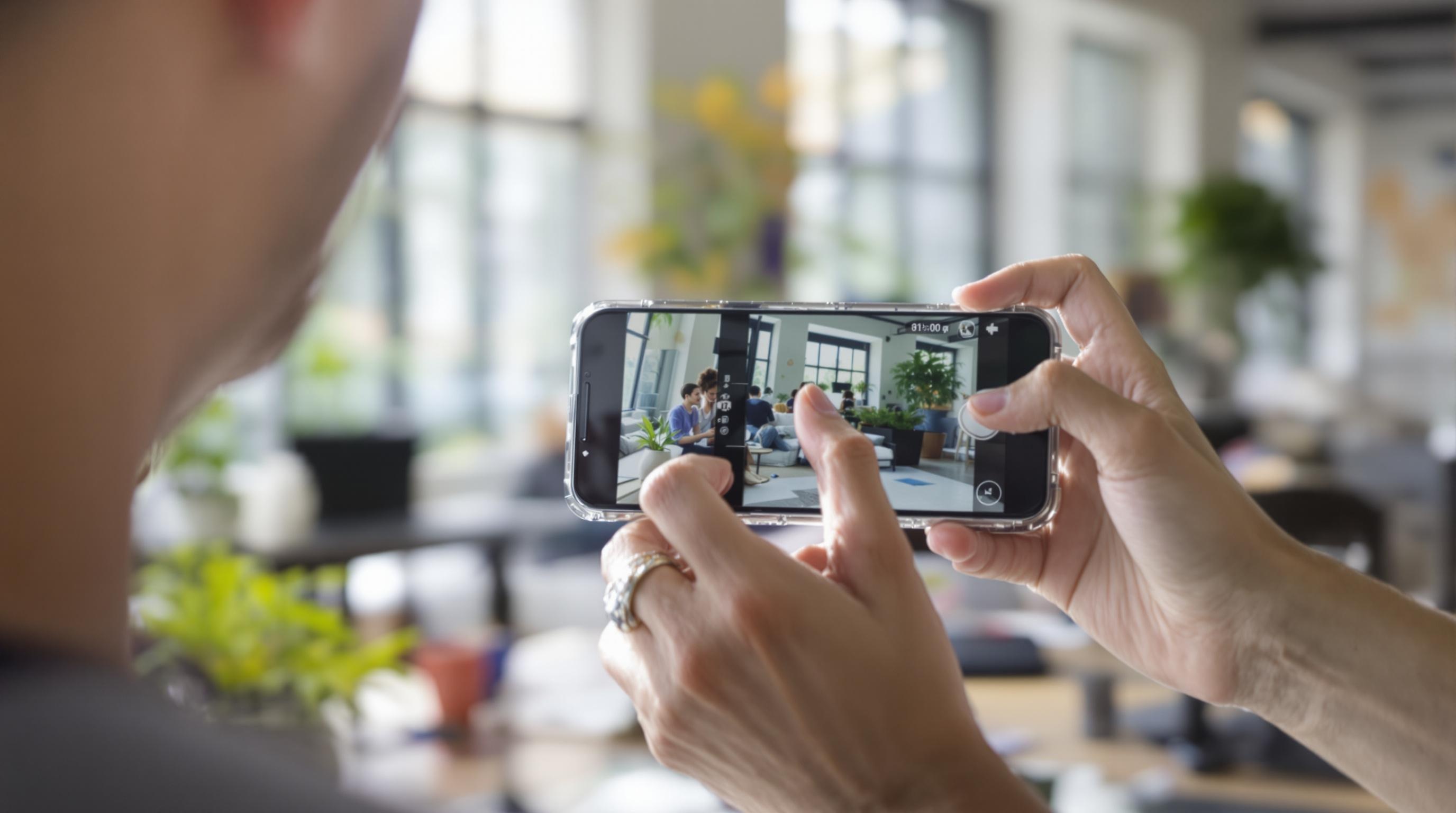 Créateur réalisant une courte vidéo produit dans un décor lumineux avec mise au point sur le smartphone