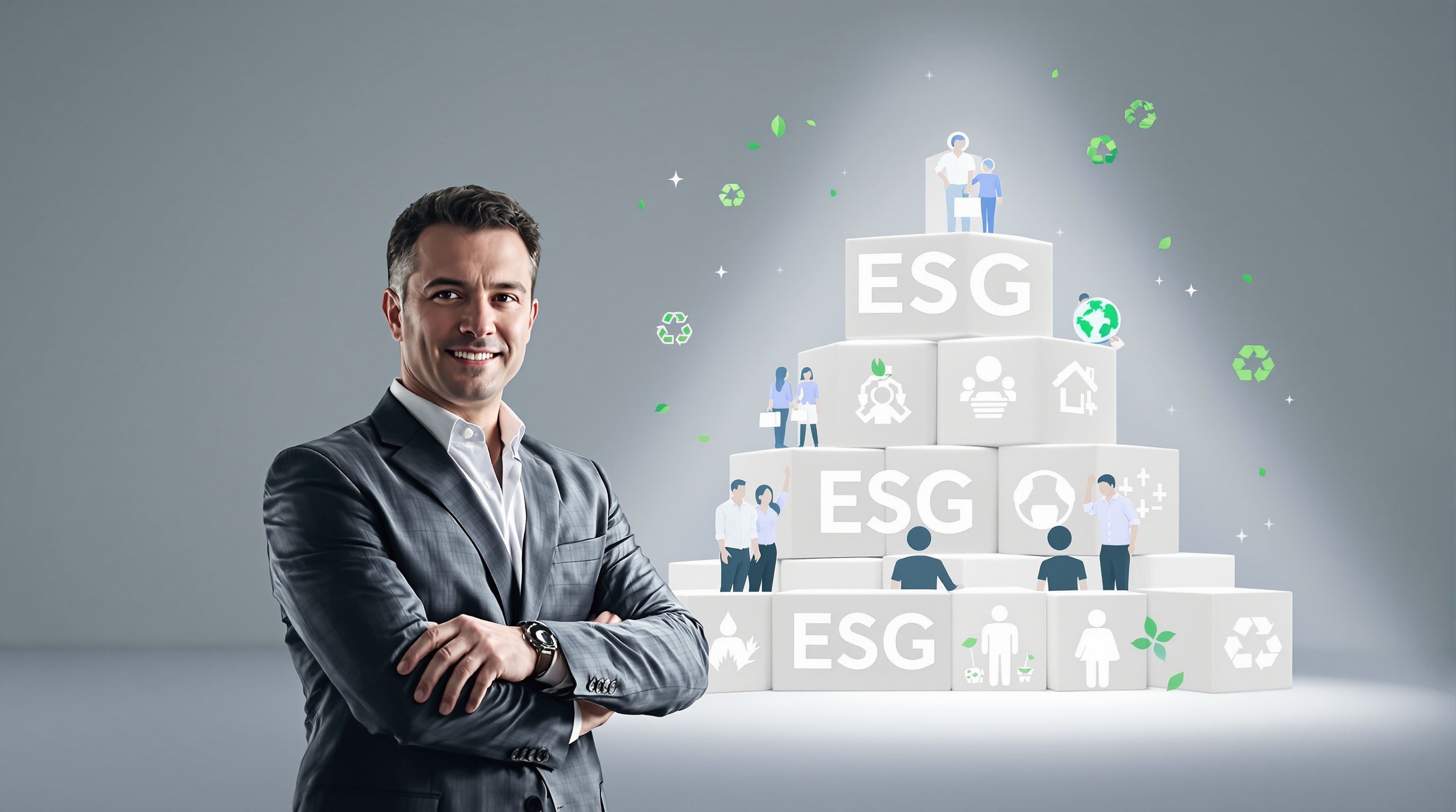 Dirigeant devant des cubes représentant les critères ESG et l'éthique