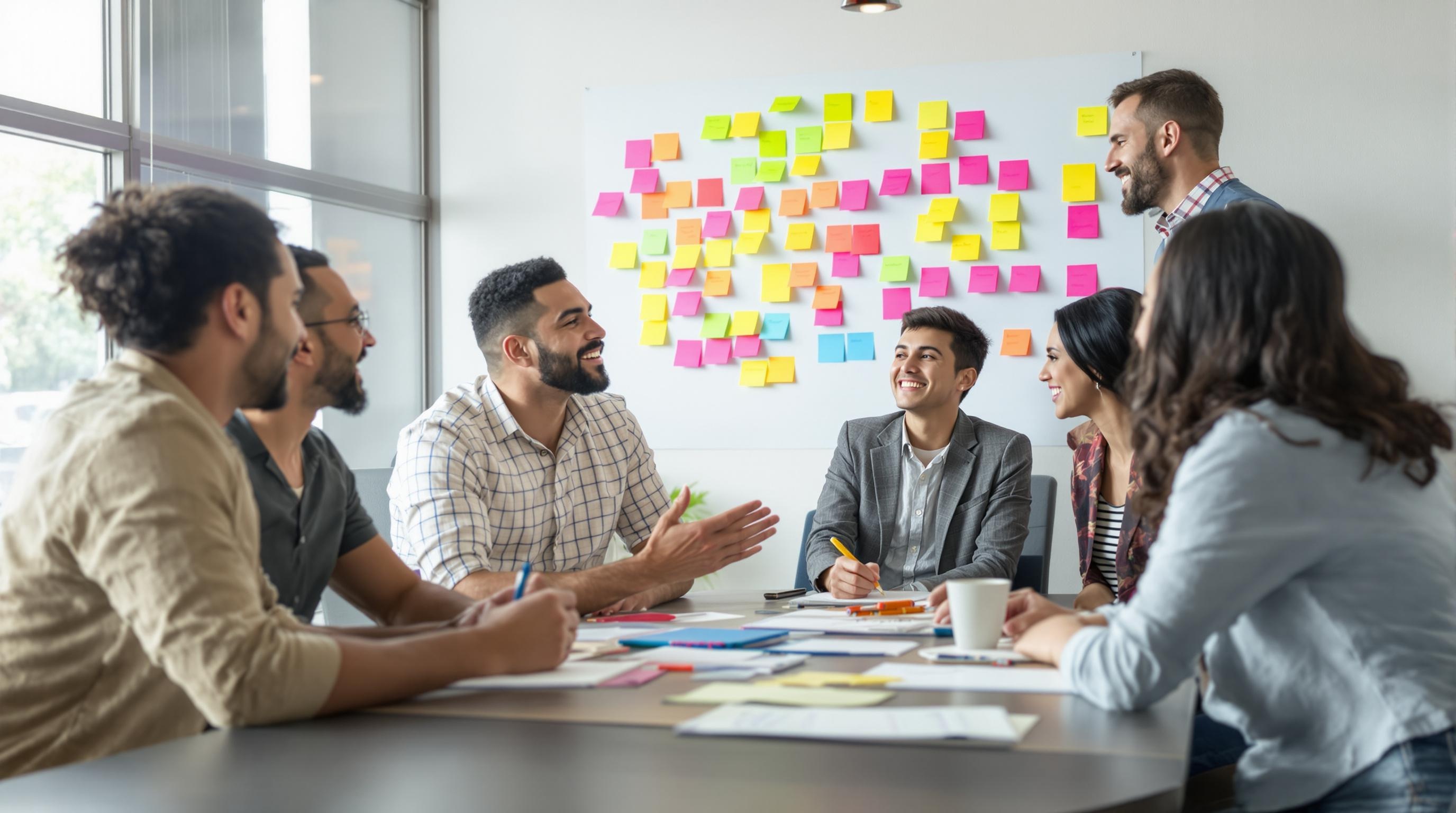 Equipe business brainstorming post-it sur mur