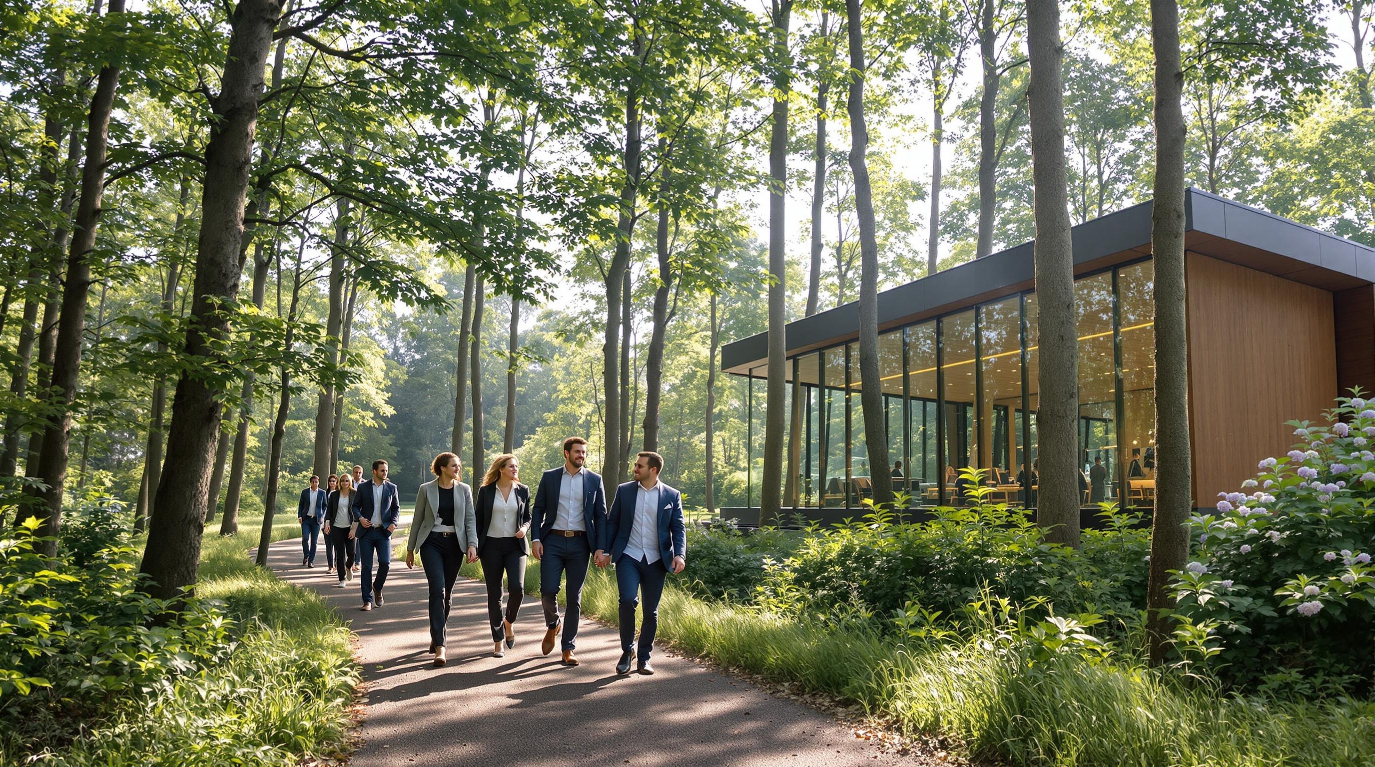 Séminaire en pleine nature dans l'Eure : équipe en marche matinale.