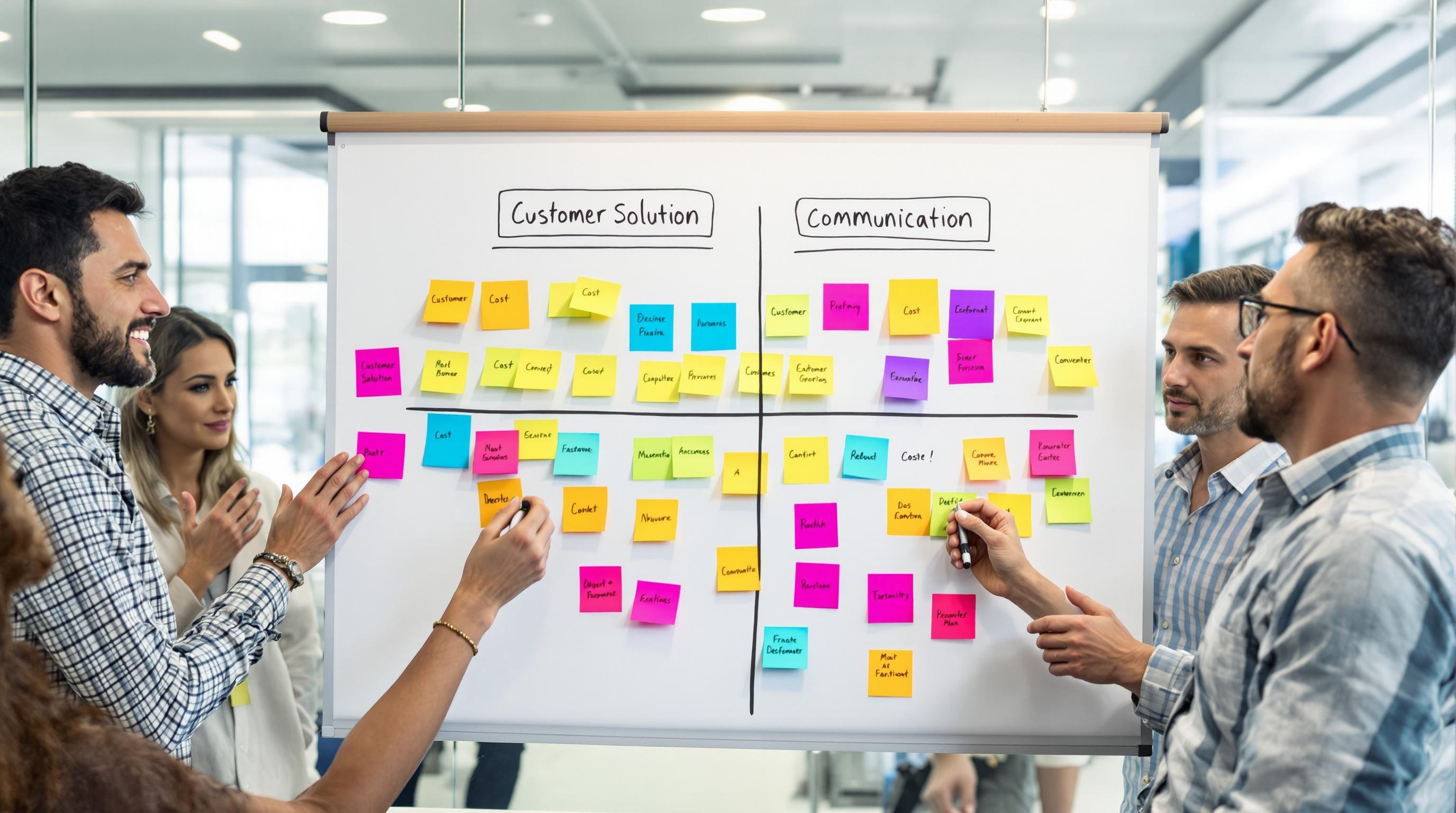 Brainstorming marketing avec tableau blanc et post-its sur les 4C : Customer Solution, Cost, Convenience, Communication