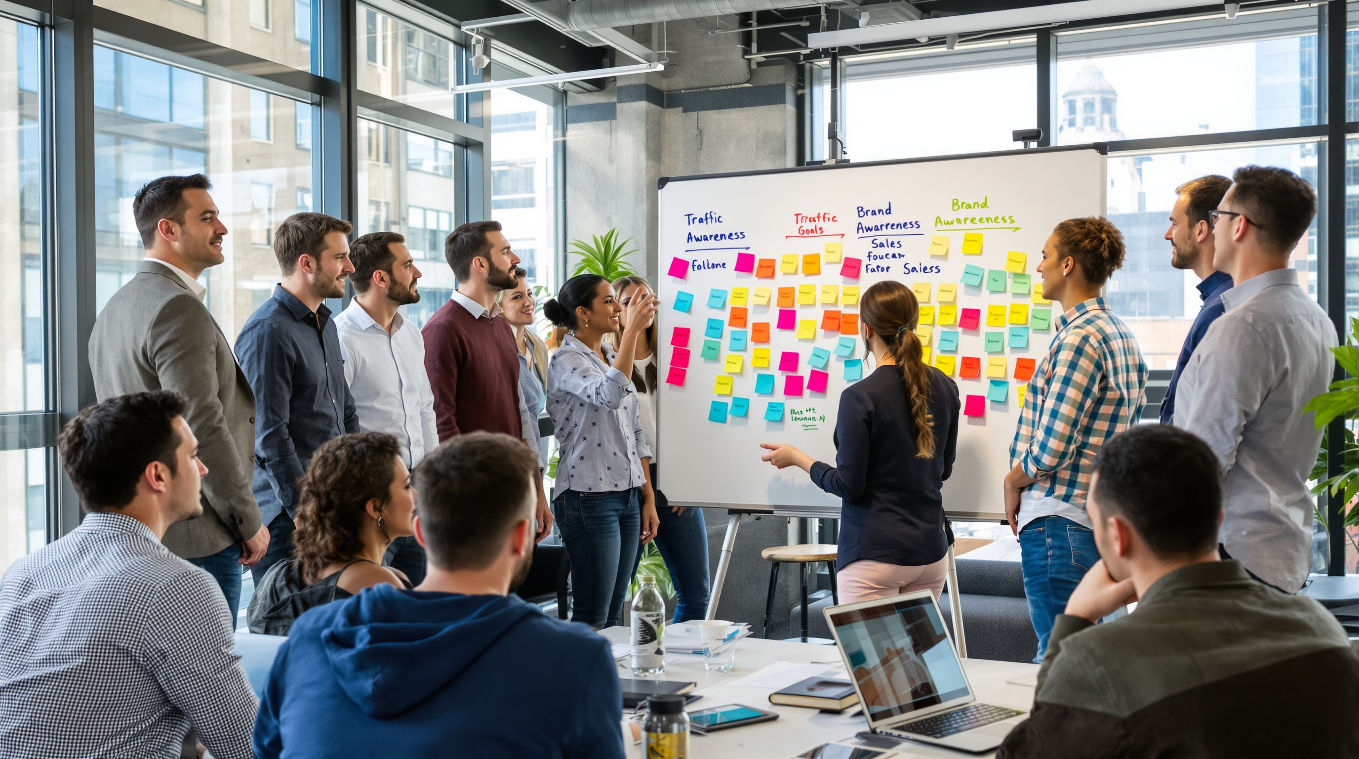 Equipe marketing définissant des objectifs SMART pour une campagne d'influence locale.
