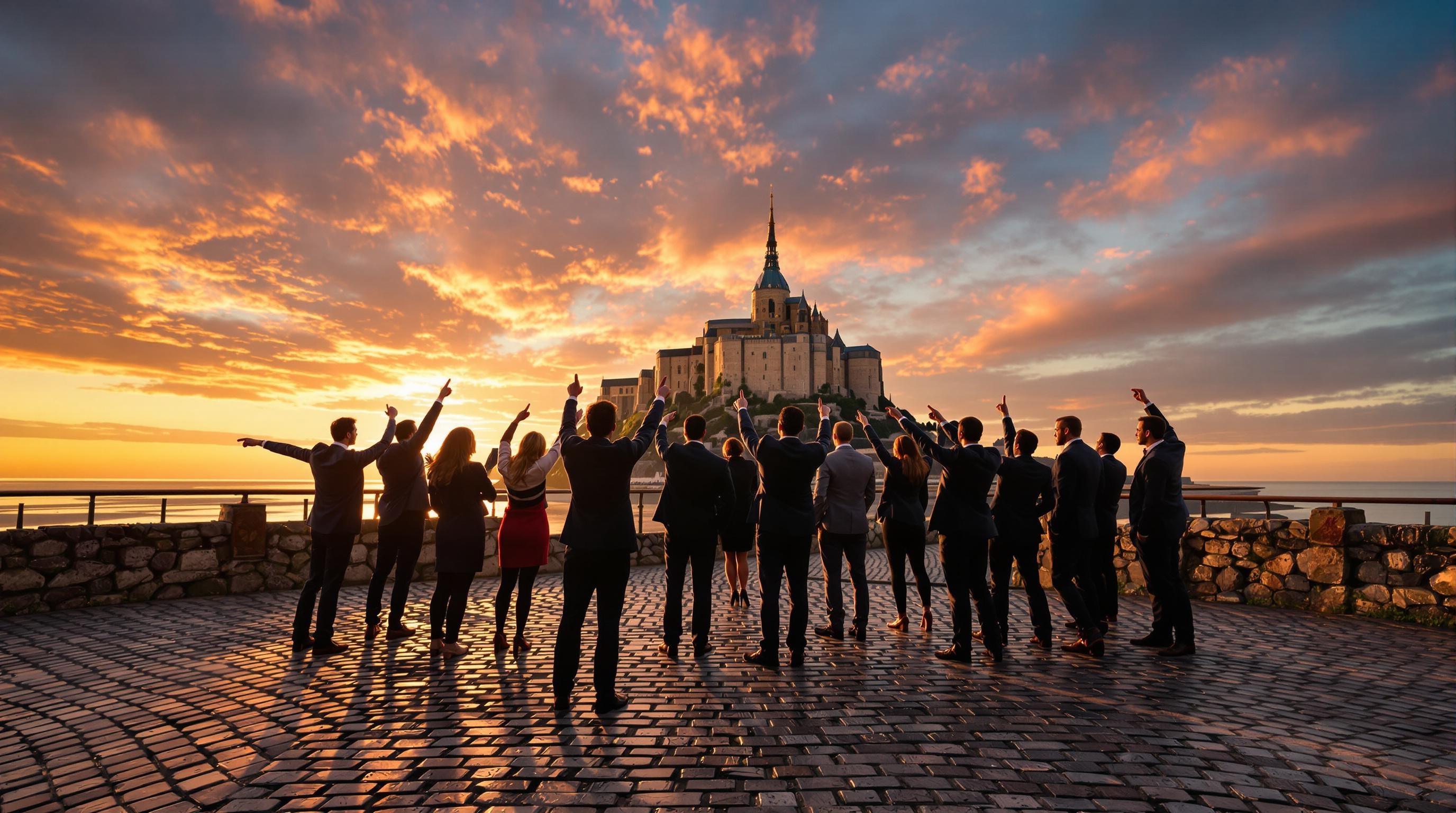 Lever du jour corporatif au Mont-Saint-Michel avec équipe inspirée.