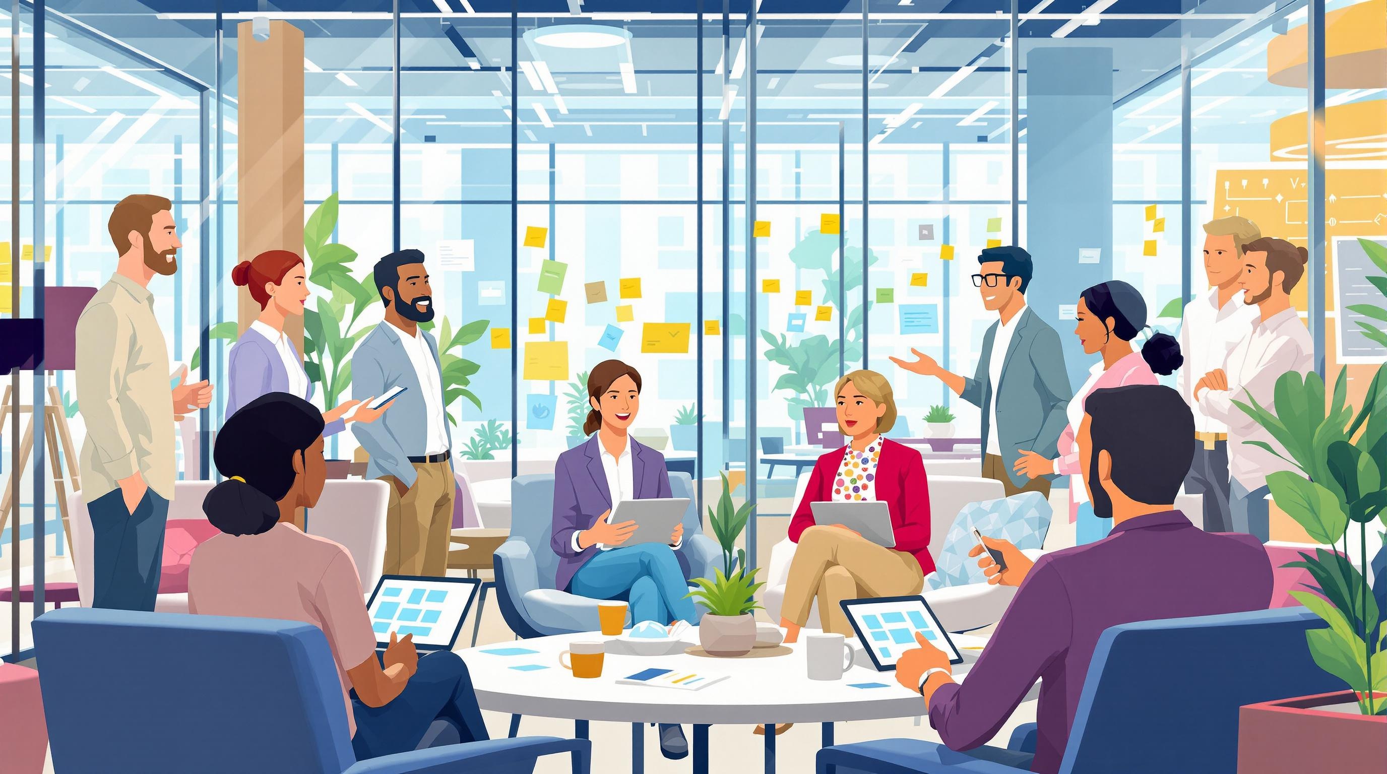 Illustration équipe pratiquant feedback 360 degrés entreprise