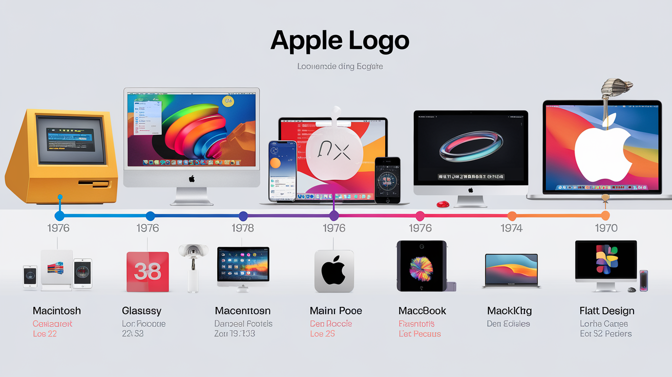 Frise chronologique des évolutions du logo Apple sur Macintosh, MacOS X, iPhone, MacBook, version flat design.