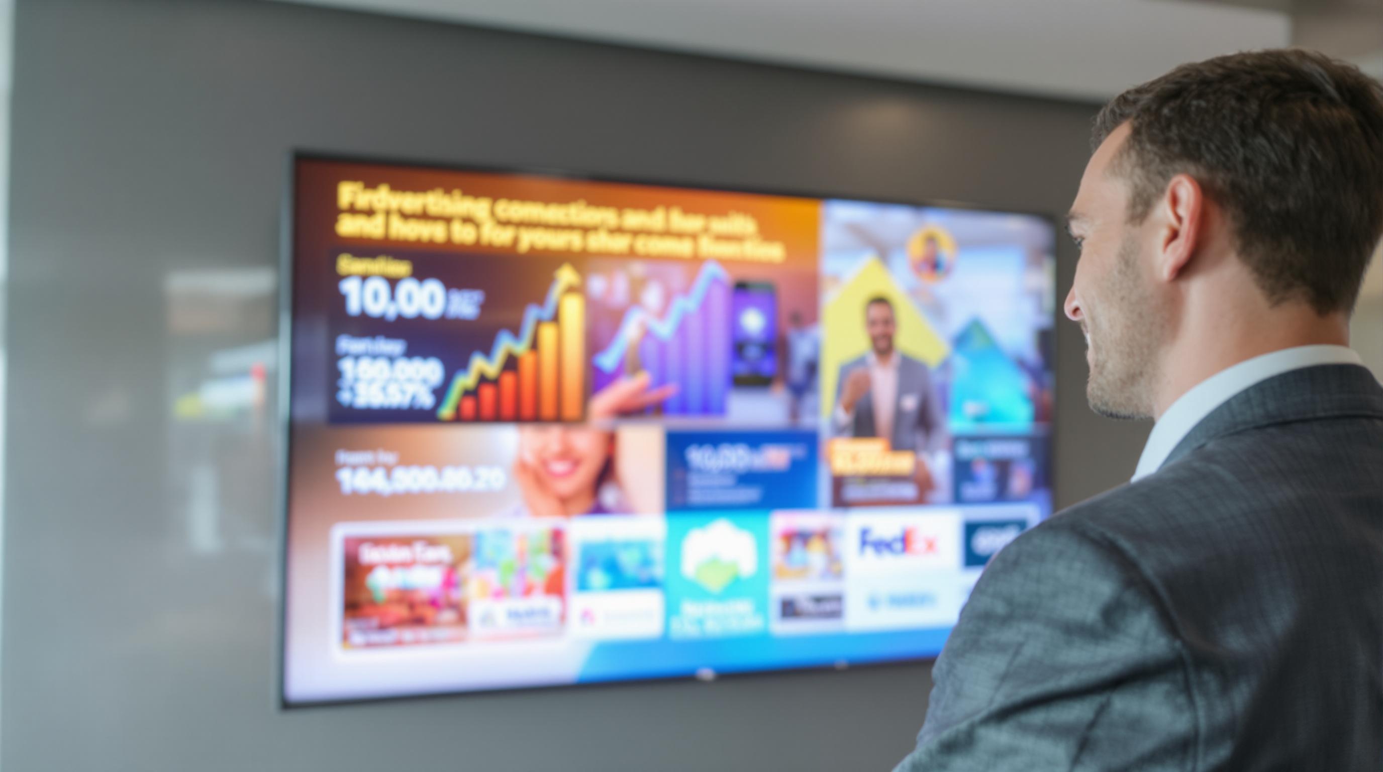 Un homme d'affaires souriant et confiant devant un écran de télévision diffusant une publicité bien réalisée.