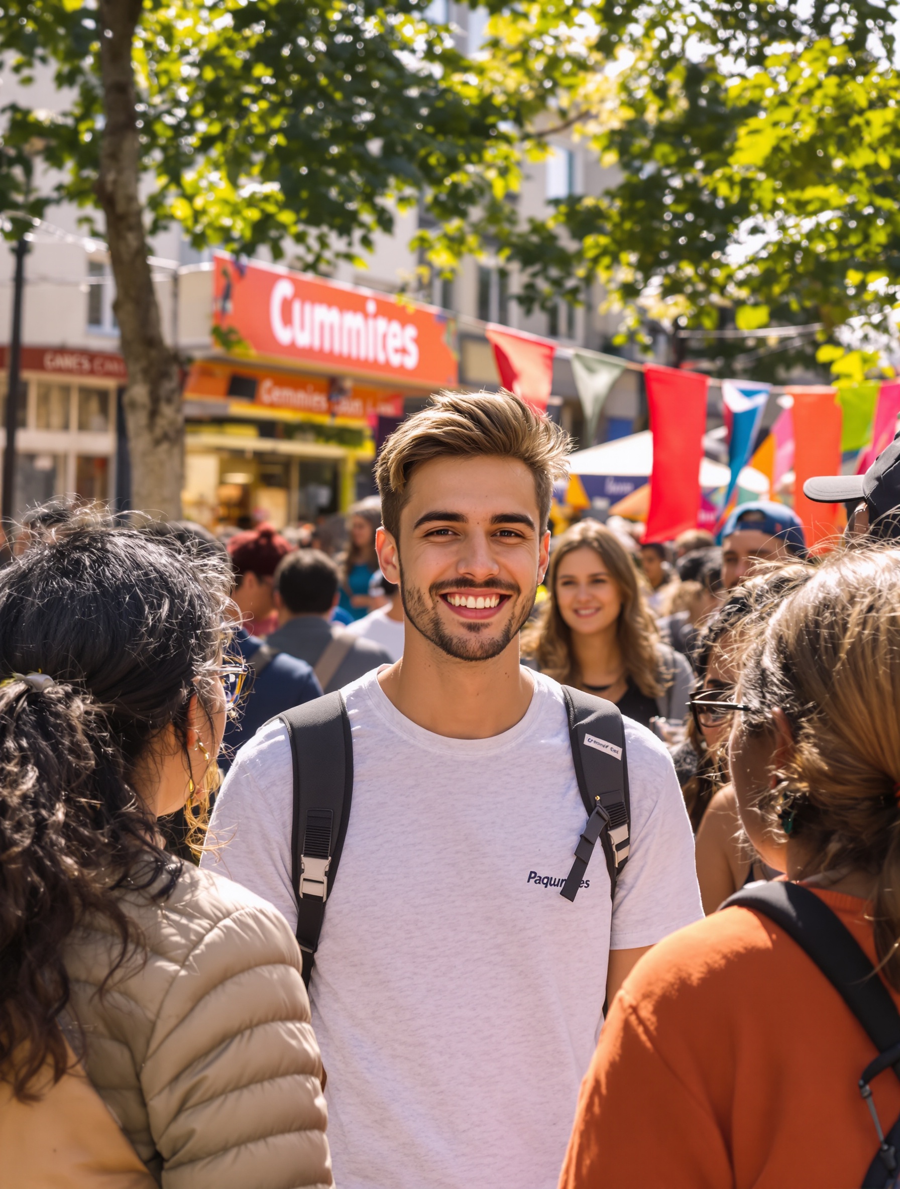Influenceur local interagissant authentiquement avec sa communauté lors d'un événement local.