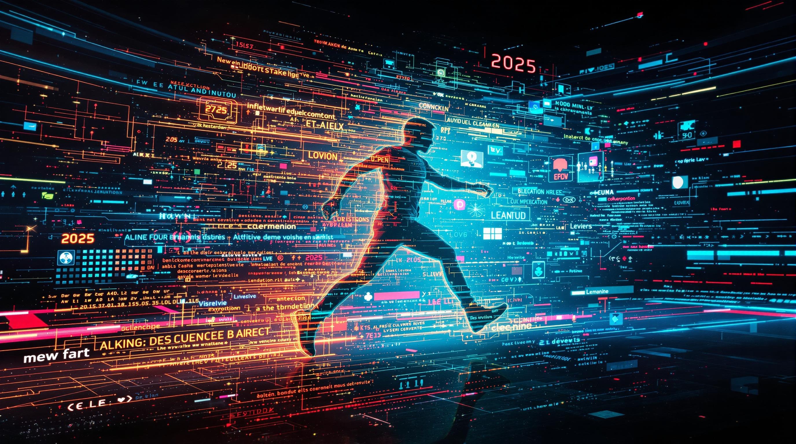 influenceur digital IA futuriste, tendances 2025, réseaux en mouvement