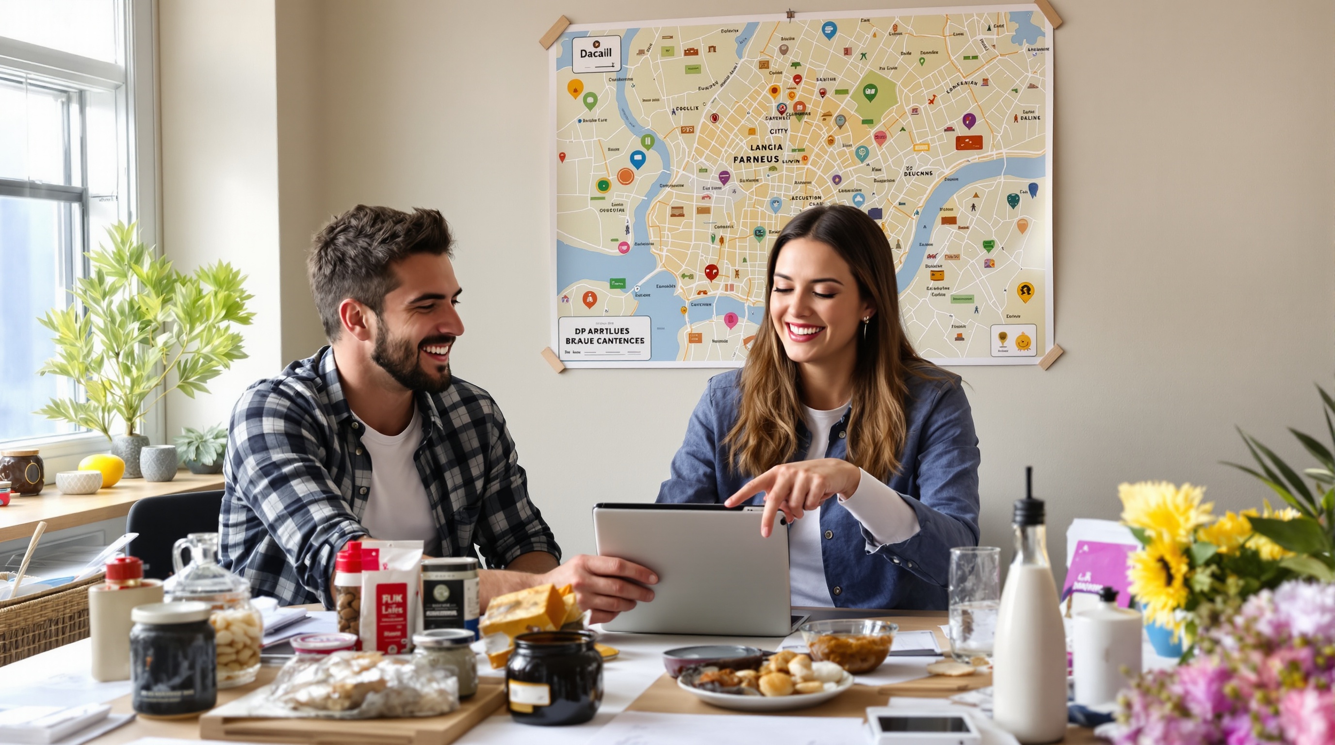 Co-création entre influenceurs locaux et responsable marketing autour de produits régionaux.