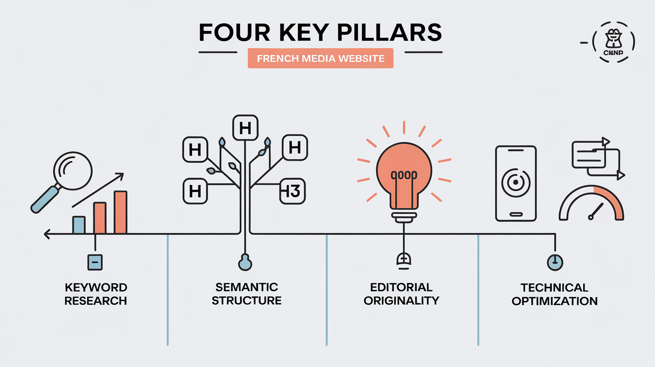 Infographie des quatre piliers SEO : mots-clés, structure sémantique, originalité éditoriale, optimisation technique