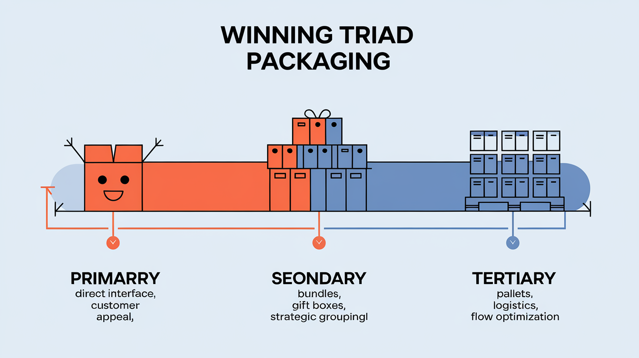 Infographie triade gagnante emballages primaire secondaire tertiaire