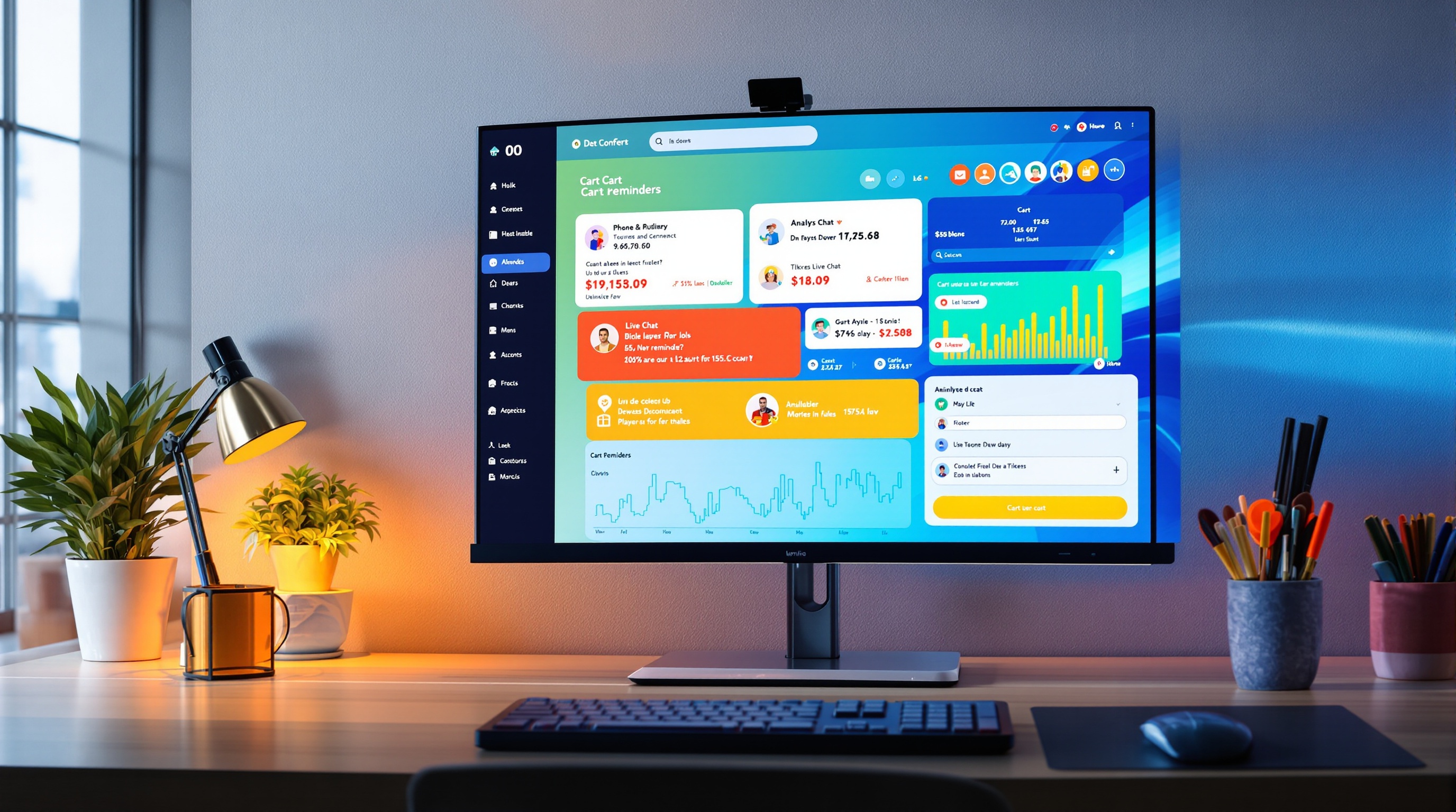 Interface e-commerce moderne avec chat en direct, email de relance et analyse de données