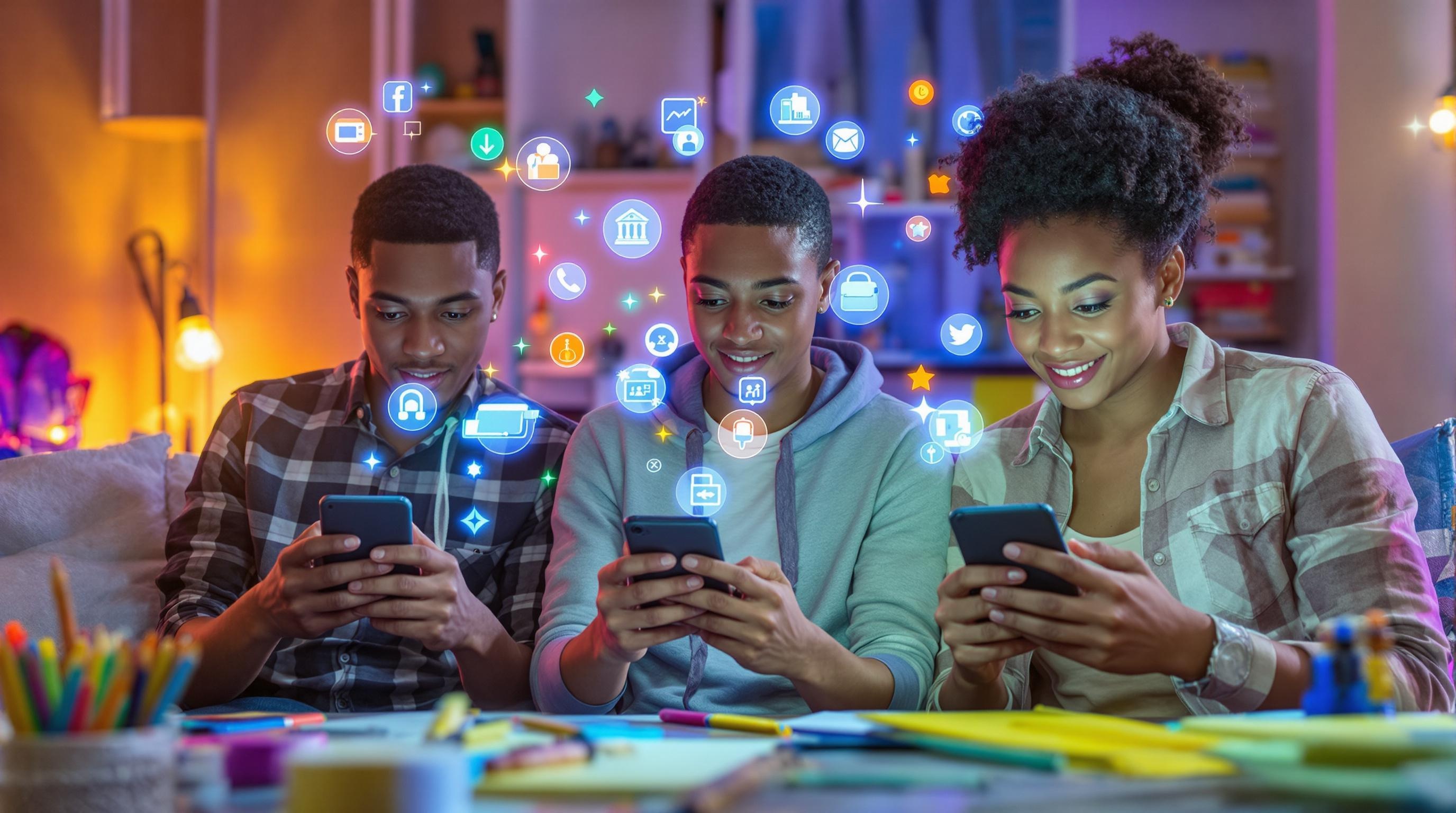 Des étudiants et parents participent à un live shopping sur smartphone, sélectionnant des fournitures scolaires sur un feed social vibrant, avec des icônes d’achat instantané. Style professionnel, couleurs vives, ambiance rentrée 2025.