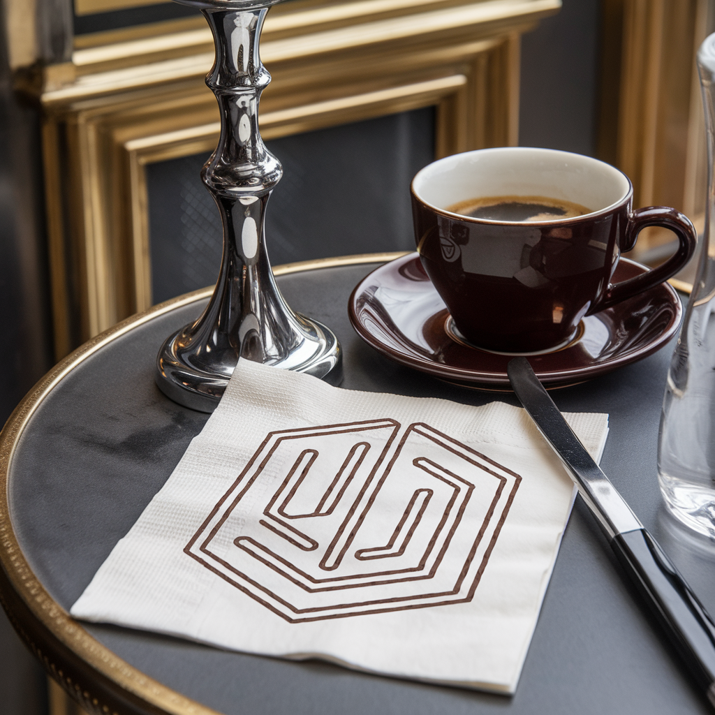 Logo minimaliste dessiné à la main dans un café chic, symbole d'engagement client