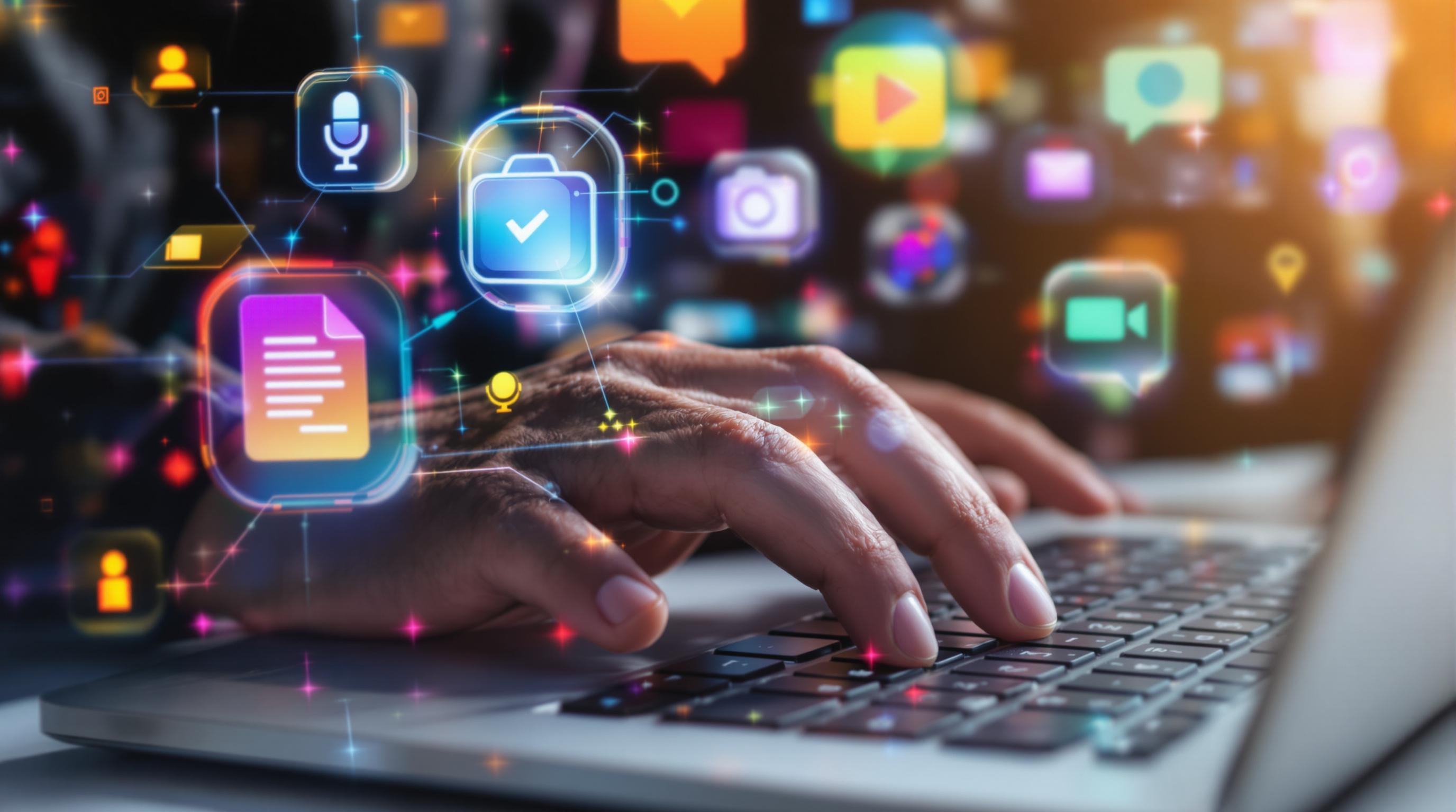 Une main créative travaillant sur un ordinateur portable, entourée d'icônes représentant différentes formes de contenu digital : un document pour le blogging, une caméra pour la vidéo, un micro pour le podcast, et des bulles de discussion pour les réseaux sociaux.