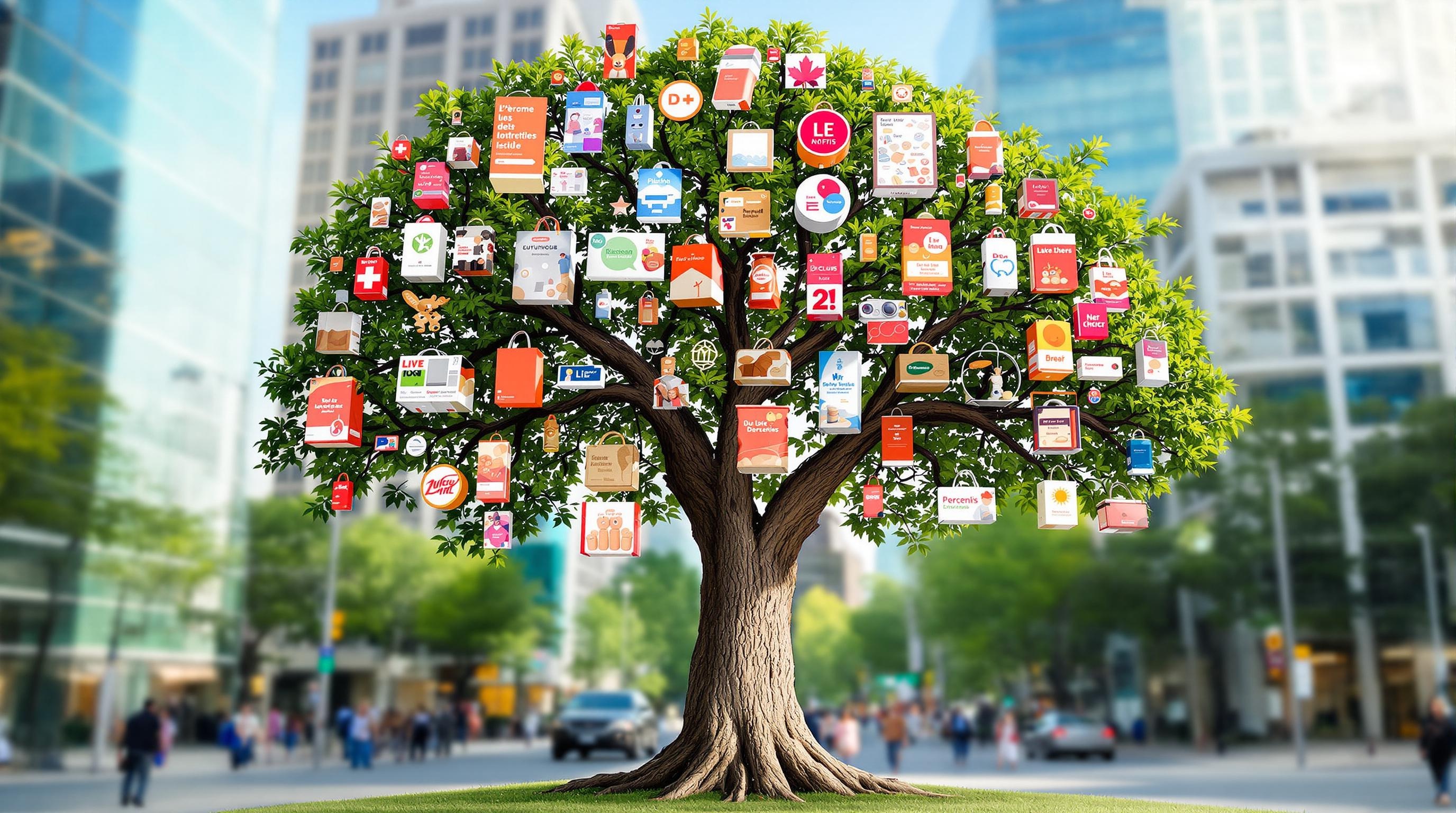 Une métaphore visuelle de la croissance d'entreprise grâce à l'innovation publicitaire : un arbre solide dont les branches sont composées de différents supports publicitaires innovants (affiches connectées, sacs à pain, street marketing créatif), sur fond urbain moderne.