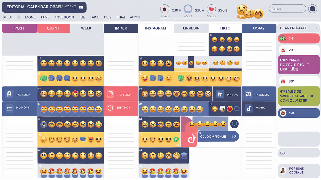 Modèle graphique stylisé de calendrier éditorial social media avec emojis par semaine.
