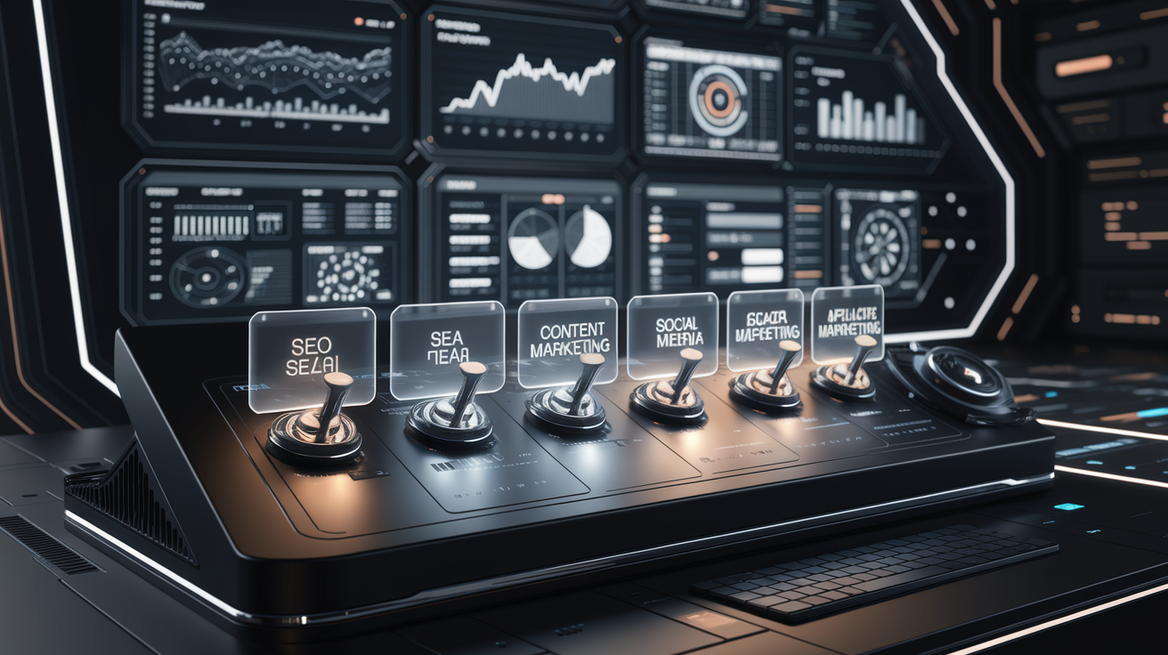 Leviers webmarketing activés sur une console digitale futuriste