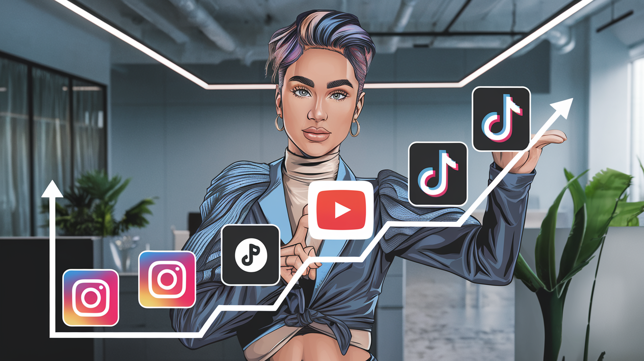 Illustration d’un portefeuille de formats d’influence, selfie d’un influenceur, courbes de croissance 2024