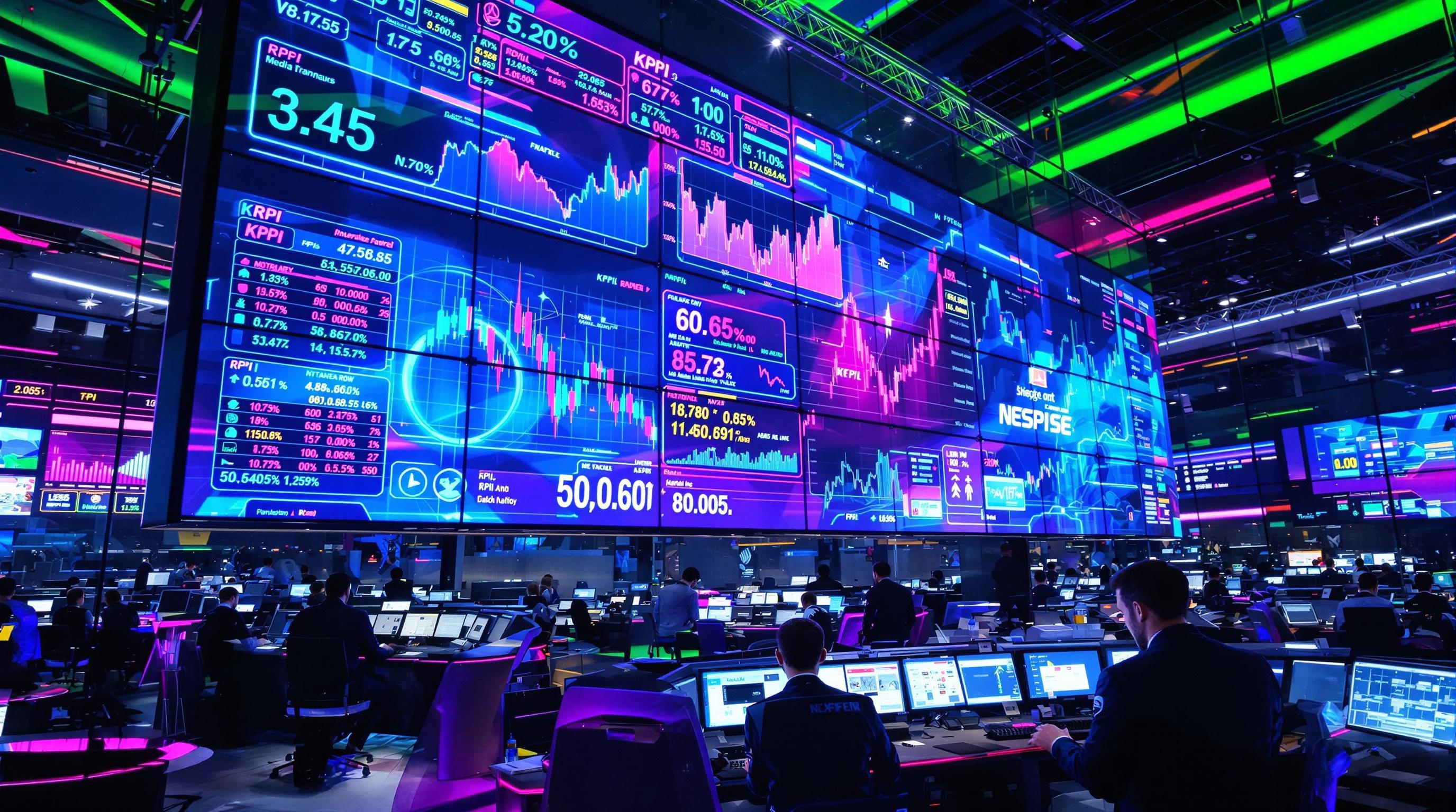 Salle de marché futuriste avec KPIs et ROI sur écrans