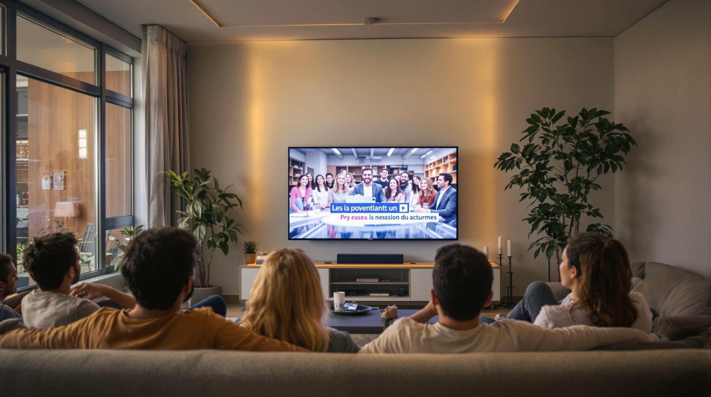 Une famille attentive devant une télévision diffusant une publicité marquante.