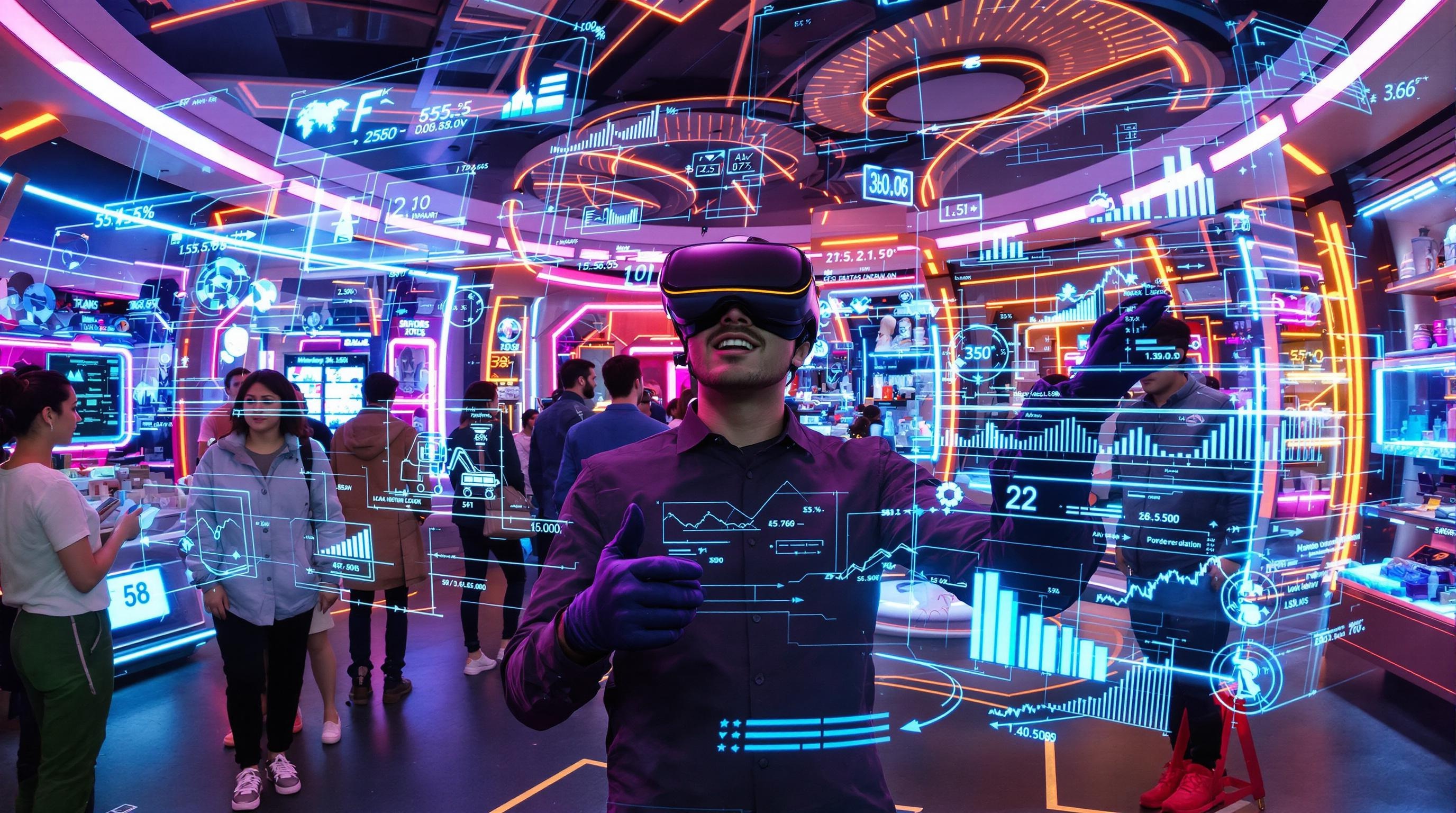 Scène immersive de live shopping avec caméra 360, avatars métaverse, analytics en surimpression, et influenceur VR en pleine démonstration produit.