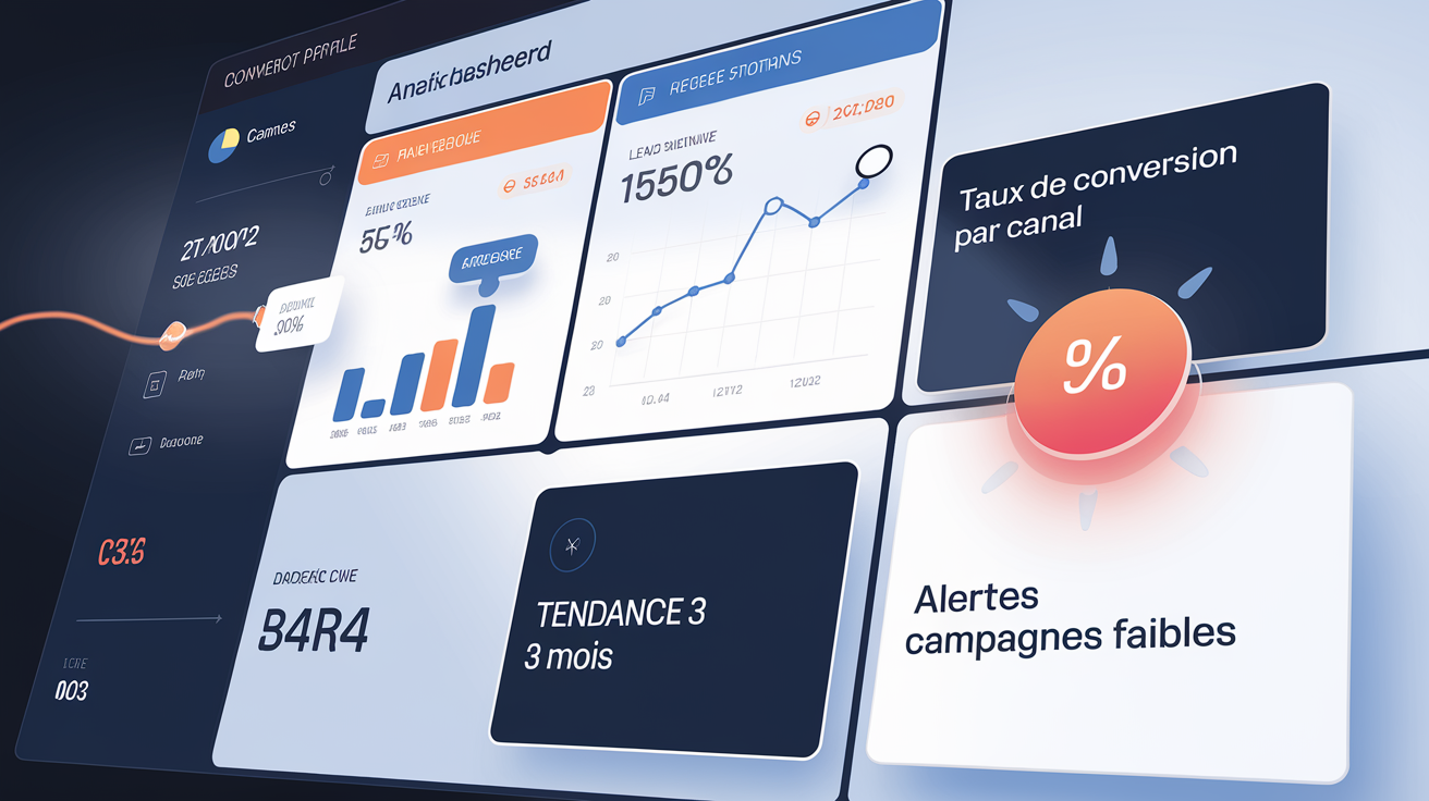 Tableau de bord analytics taux de conversion par canal.