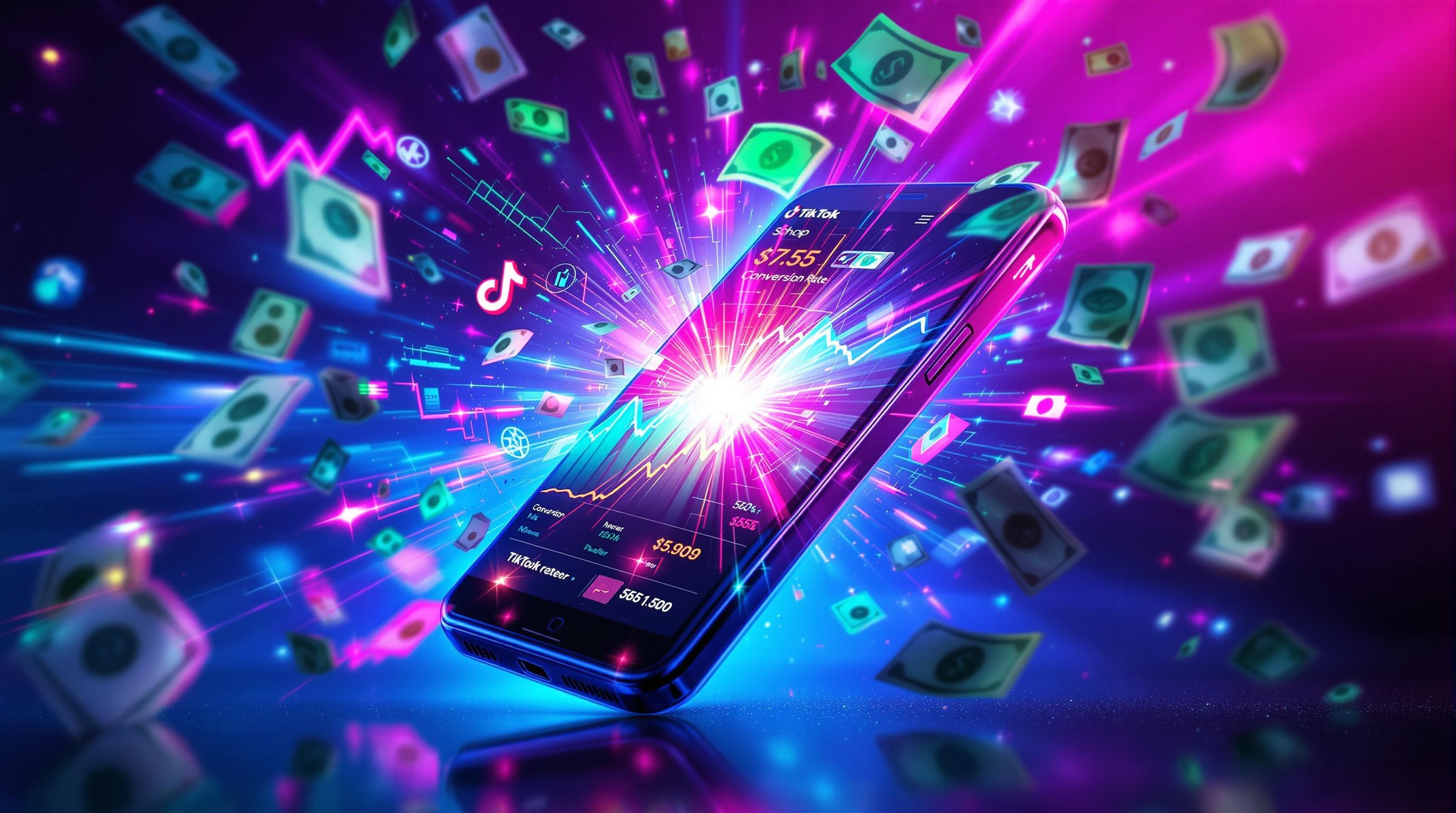 Smartphone affichant TikTok Shop avec des courbes de conversion en forte hausse