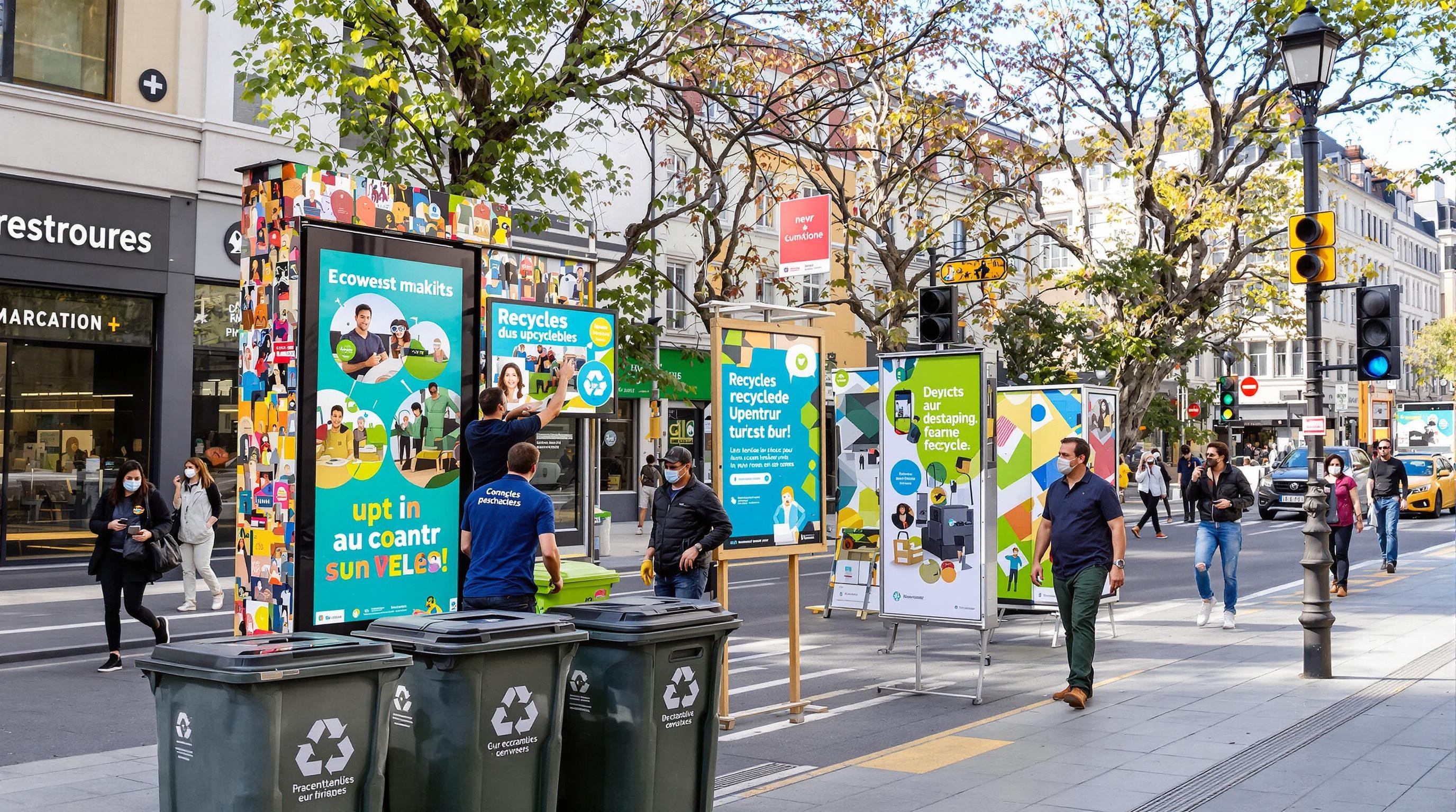 Exemple de street marketing utilisant des supports durables et créatifs pour une entreprise engagée.