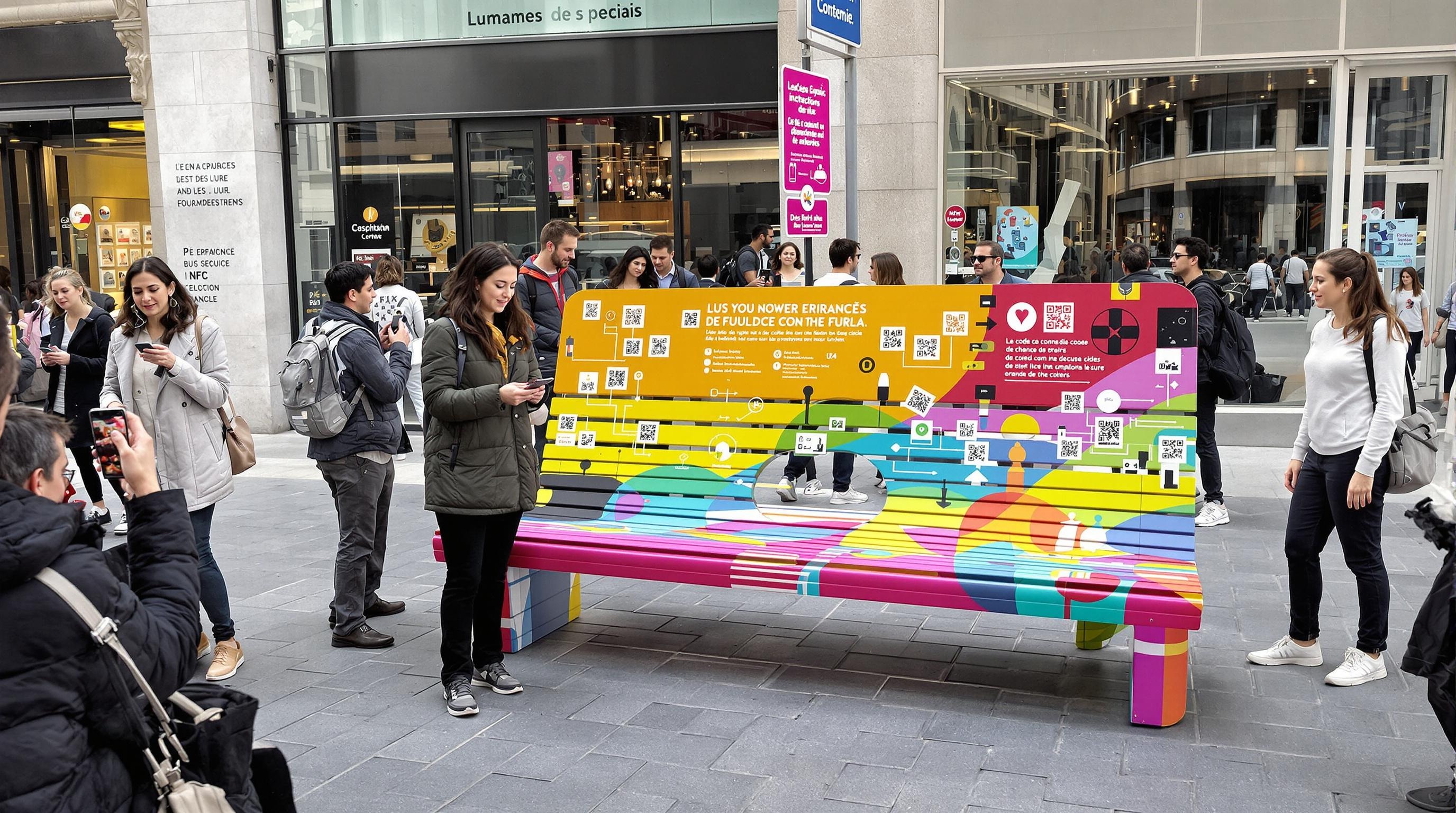 Urban street marketing installation: an oversized, eco-designed public bench transformed into a digital interactive space with QR codes and NFC tags.