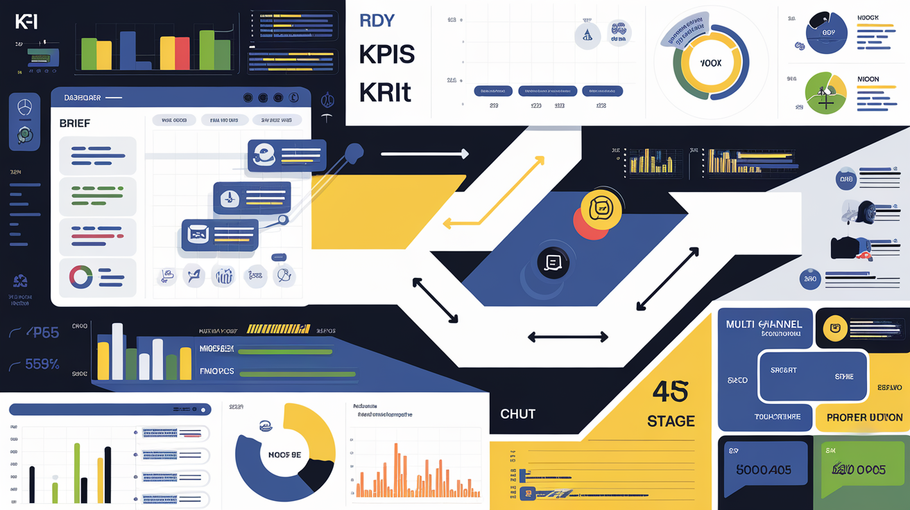 Illustration workflow influenceur : dashboard de brief, validation omnicanale, découpe micro-contenus, flèches entre étapes, ambiance KPI et data.